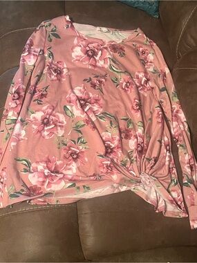 Pink Floral Twist-Front Long-Sleeve Blouse